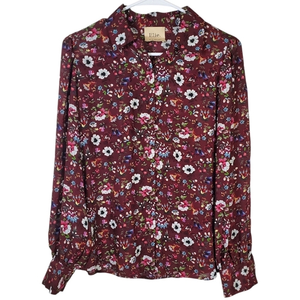 2289 * Elie. Elie Tahari Floral Print Button Down Burgundy Size Unknown